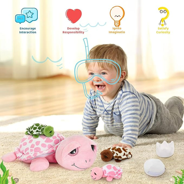 MorisMos Sea Turtle Stuffed Animal with Babies,14 in Mommy Turtle with 3 Baby Turtles Toys, 2 Plush Eggs inside Belly Pouch,Big-Eyed Stuffed Animal for Toddlers Kids,Pink Tortoise Gifts for Girls Boys