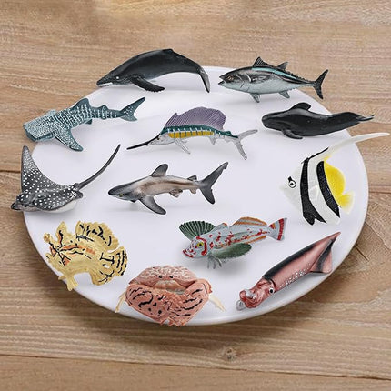 12PCS 2-4 Inch Marine Animal Figures Mini Sea Creatures Sea Ocean Animal Toys for Cake Topper Mini Shark Toy Bath Toys Educational School Project for Kids Toddlers