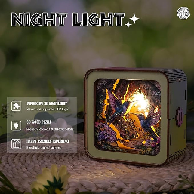 3D Puzzle Nightlight-DIY LED Light Wooden Puzzle-Art Lamp and Craft Kits for Kids and Adults-Birthday Gifts Toys-Home Desk Decor Family Game (Hummingbird)