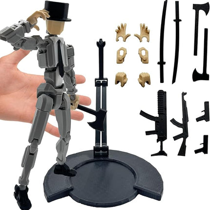 3D Printed 8.13-inch Action Figure Dummy-Mici20, Full Body Mechanical Movable Toy, Multiple Accessories, Desk Decoration (3 HandsType, Bracket, Weapons, Armour) (Gray)