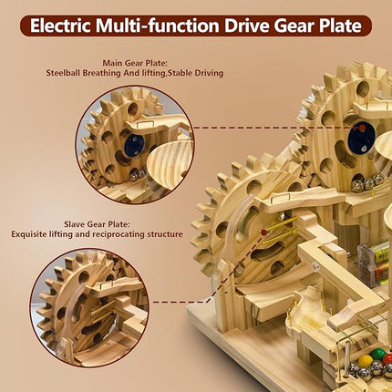 Wooden Marble Run Building Set, Electric Motorized, 41 Blocks, 15 Marbles, 3D Brain Teaser Construction Kit.for Adults and Adolescent to Build (SN-113)