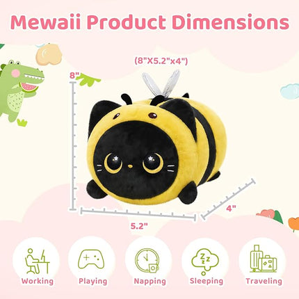 Mewaii Cute Black Cat Bee Plush Pillow, Kawaii Plushies Bee Stuffed Toy, Kitten Plushies with Honeybee Outfit Costume, Soft Squishy Bee Gift for Girls & Kids (8 Inch)