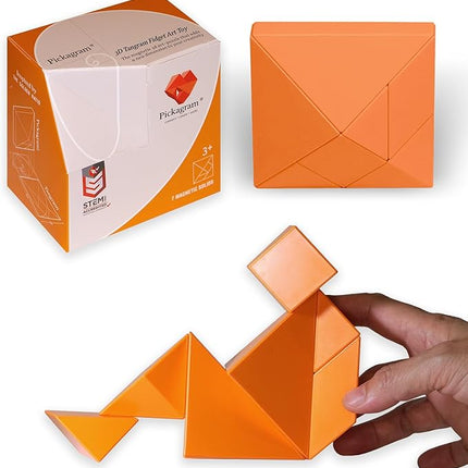 Pickagram Tangram 3D Magnetic Puzzle for Kids (8-12), Adults & Seniors | STEM Certified Fidget Puzzle - Magnetic Pattern Blocks for Cognitive Development, Creativity & Focus - Orange