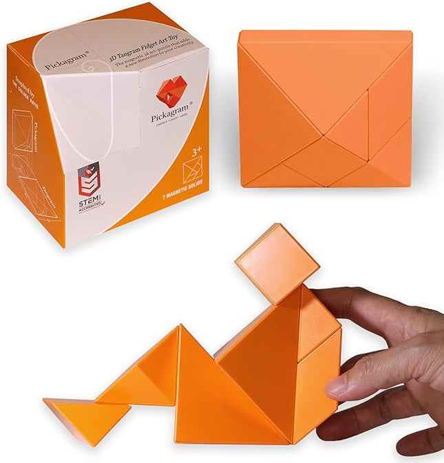 Pickagram Tangram 3D Magnetic Puzzle for Kids (8-12), Adults & Seniors | STEM Certified Fidget Puzzle - Magnetic Pattern Blocks for Cognitive Development, Creativity & Focus - Orange