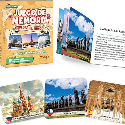 Menique Explore The World Memory Matching Game – Spanish Edition – 100 Cards (50 Pairs) with Iconic Landmarks, Country & Flag – Educational Geography Game in Spanish.