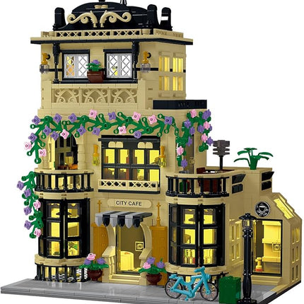 City Cafe Architecture Building Kit with LED Lights,3 Levels City Cafe Model Building Blocks Toy,for 12+Age Teen,Adult（1443 Pieces）