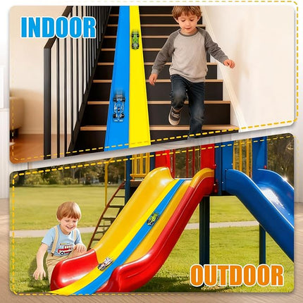 Flexible Race Track Toys for Kids 15 Ft with 4 Cars & Suction Cups, Portable Double Lane Racetrack Compatible with Hot Wheels & 1/64 Diecast Cars, Fun Car Ramp Track Set for Ages 3+(Blue & Yellow)