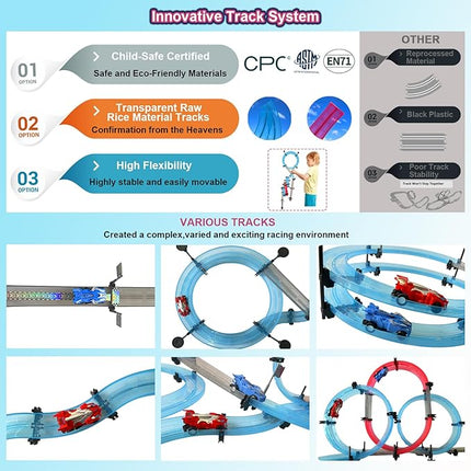 Toy Car Racer Track Set with 4 Pull-Back Cars, 360° Loops, Cross Overpass & Curves, High-Speed Racing Game Track for Boys Kids Birthday Gift Ages 6-12