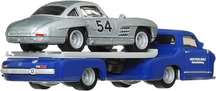 Hot Wheels Team Transport Culture Die-cast Cars, Mercedes-Benz 300 SL, MB Blaues Wunder Flatbed Truck, 1:64 Scale Model