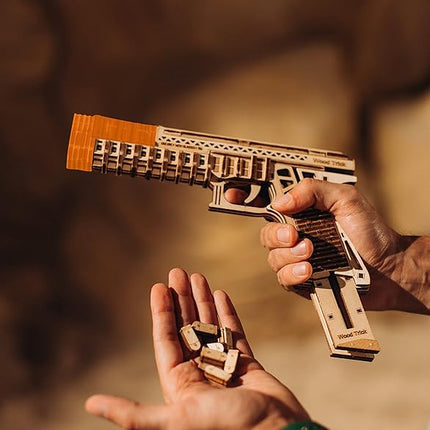 Wood Trick Defenders Gun 3D Wooden Puzzles for Adults to Build - Shoots up to 13 ft - 2 Clips - 9x5 in - Wooden Model Kits for Adults - 14+