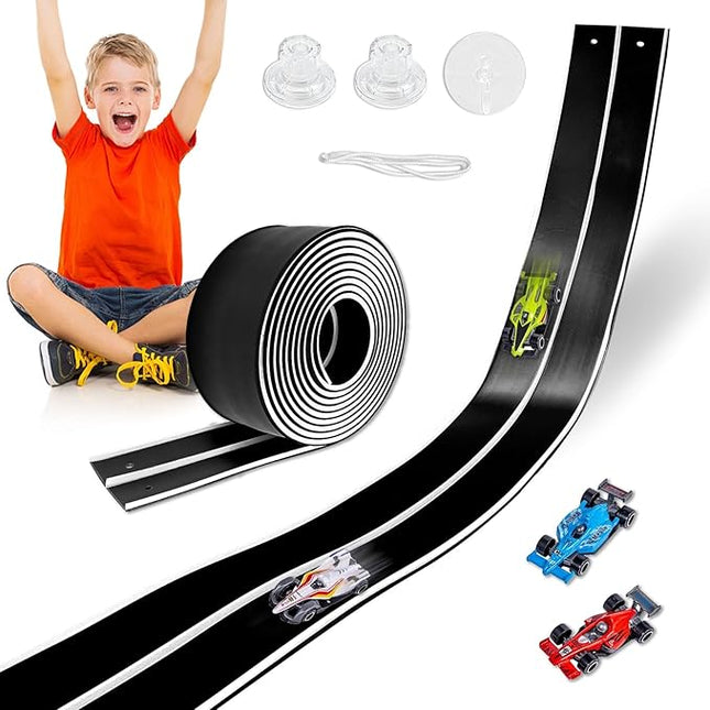 Flexible Race Track Toys for Kids, 15 Ft Double Lane Racetrack with 4 Cars & Suction Cups, Compatible with Hot Wheels & 1/64 Diecast Cars, Portable Roll Up Car Ramp Track Set for Ages 3+(White&Black)