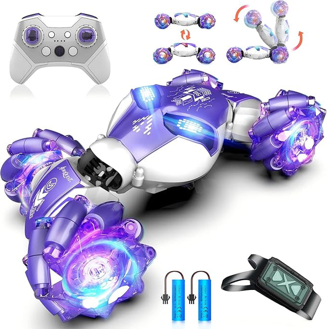 Gesture Sensing Remote Control Car, 2.4GHz 4WD RC Drift Stunt Hand-Controlled Cars for Boys Age 8-12, All-Terrain Off-Road Twist Toys with Lights Music for Christmas Birthday Gifts (Purple)