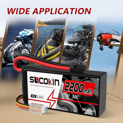 2S Lipo Battery 7.4V 50C 2200mAh Batteries with TR Connector Plug Soft Case Shorty Battery for RC Car Truck Boat Truggy FPV Drone Quadcopter UAV Airplane Helicopter (2 Pack)