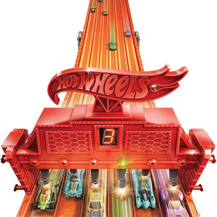 Hot Wheels Toy Car Playset with Lights, Sounds & 6 1:64 Scale Vehicles, Super 6-Lane Raceway, 8-foot Track that Rolls Up for Storage (Amazon Exclusive)