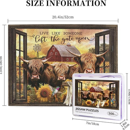 Highland Cow Jigsaw Puzzles 500 Pieces for Adults, Farm Animal & Sunflowers Country Scene, Rustic Window View Wooden Puzzle, Relaxing Nature Art & Farmhouse Decor Gift