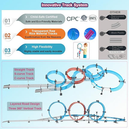 Toy Car Track Set Race with 4 Super Pull-Back Racing Cars, 360°Loops, Turns and Crossover High-Speed Racing Game Circular Overpass Track Gifts Birthday Toys for Boys Kids Age 6 7 8-12
