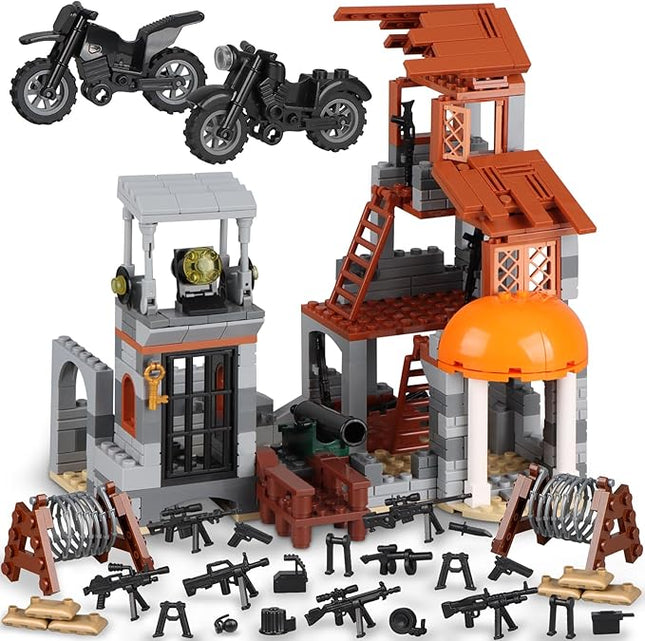 Finger Rock Military Base Building Block Set, WW2 Army War Accessories Kits, Defence Base Guard Tower Guns Weapons Building Block Toy for Teens 14+