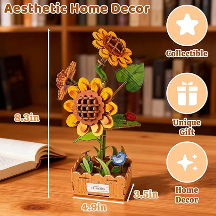 3D Wooden Flower Puzzles for Adults Sunflower, DIY Artificial Flower Building Set Wooden Bloom Craft Kits Home Decoration, for Women Mom Birthday Thanksgiving Christmas Valentine's Day