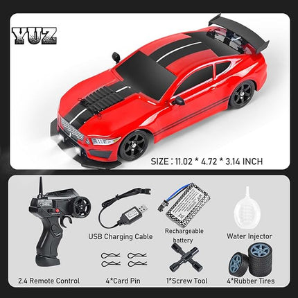 YUZ Remote Control Car RC Drift Car 1/16 Scale 4WD 18KM/H High Speed RC Car 2.4GHz with LED Lights Spray Racing Toy Car for Adults Boys Girls Kids Birthday 2Pcs Rechargeable Batteries, Red