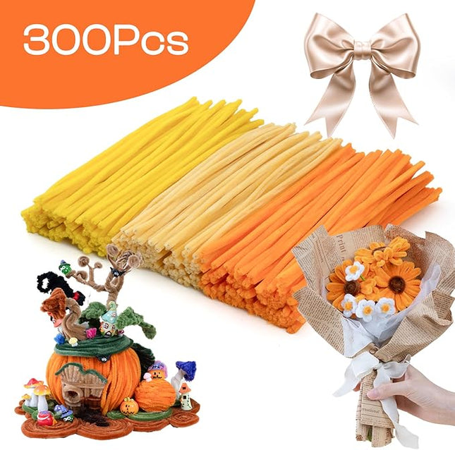 Caydo 300 Pieces Yellow Orange Pipe Cleaners, Thick Fluffy Chenille Stems, Pipe Cleaner Crafts for Arts & Crafts, Perfect for Making Animals, Flowers, and Valentine's Day Decorations