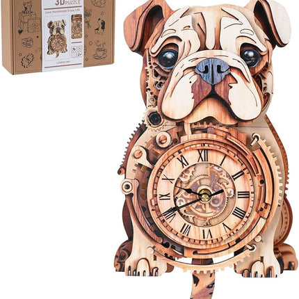 3D Wooden Puzzles for Adults, 3D Puzzles Bulldog Clock(with Pendulum) 32Pcs, Beginners Wooden Puzzle for Adults Teens Home Wall Decor Gift for Women Men