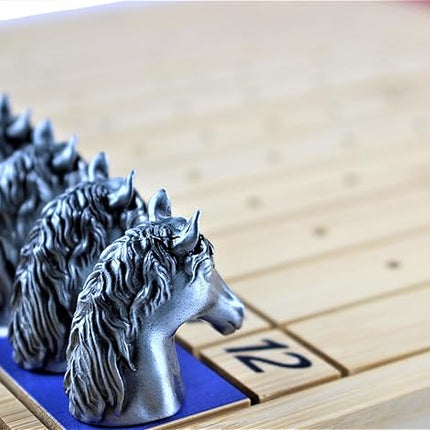 Metal Horse Race Board Game Set with Horse Racing Thick & Solid Wood Game Board, 11 Luxurious & Durable Classic Silver Colored Metal Craft Horses, Dice and Cards for Horseracing (HR-551)