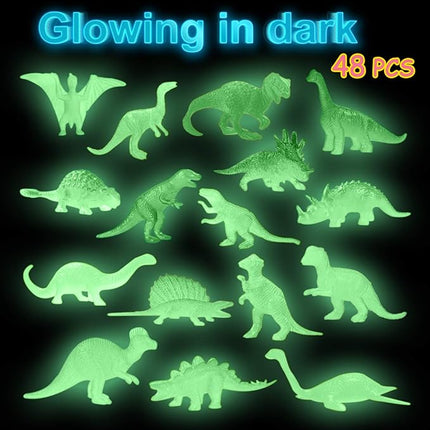 48Pcs Glow in Dark Mini Dinosaur Figures Kids Valentines Day Gifts School Birthday Party Favors Supplies Dino Cupcake Toppers Pinata Goodie Bags Stuffers Classroom Prizes Carnival Treasure Bulk Toy