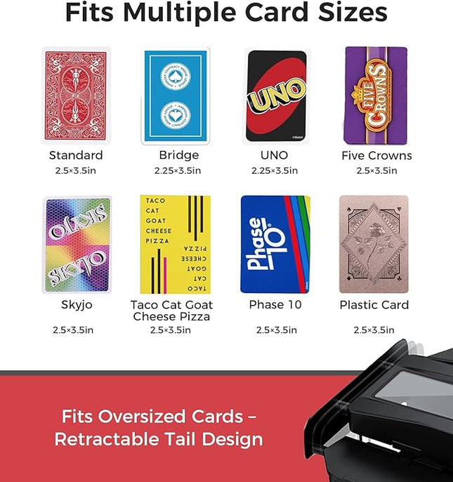 2-in-1 Automatic Card Shuffler and Dealer, 360/180 Card-Flow Modes, Supports 2 Decks, 12 Players, with 4 Wireless Draw Remotes, for UNO, Poker, Phase 10 (Black)