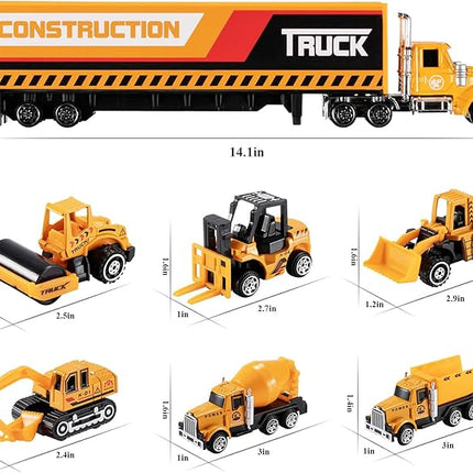 TEMI Diecast Engineering Construction Vehicle Toy Set w/Play Mat,Truck Carrier, Forklift, Bulldozer, Excavator,Dump Truck, Alloy Metal Car Toys Set for 3 4 5 6 Years Old Toddlers Kids Boys & Girls