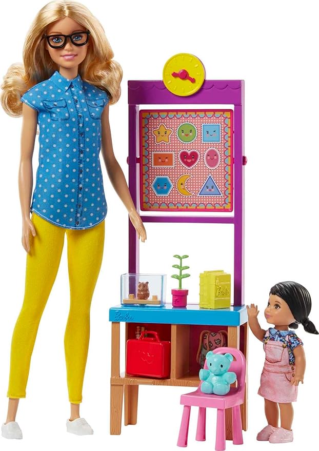 Barbie Teacher Dolls & Playset with Fashion Doll, Small Doll, Furniture & Accessories Including Flipping Blackboard