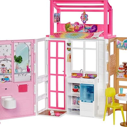 Barbie Doll House with Furniture & Accessories Including Pet Puppy, 4 Play Areas (Kitchen, Loft Bed, Bathroom & Dining Room)