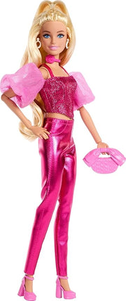 Barbie Deluxe Style Doll #5 in Metallic Pink Outfit, Blonde Hair, Sparkly Corset Top and Shiny Pants with Accessories Like Rose Necklace and Handbag