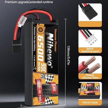 2S Lipo Battery 6500mAh 7.4V RC Battery 90C Hard Case with Tr + EC5 Plug Compatible with RC Car Truck Vehicles Truggy Buggy Boat Airplane Models