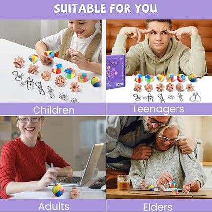 Brain Teaser Puzzles for Adults and Kids, 18Pcs Puzzle Games Set, 3D Wooden Plastic Metal Puzzle, Unlock Interlock Mind Brain Games, IQ Test Educational Toy