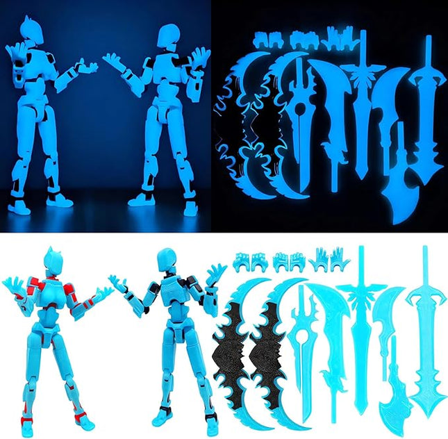 T13 Action Figures (Grow in The Dark Blue) Titan 13 Action Figures 3D Action Figure Set Already Assembled Dummy 13 Nova T-13 Robot 3D Printed Multi-Jointed Movable Toy (Blue Black+ Blue Red)