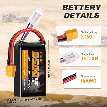 3S Lipo Battery 2500mAh 11.1V 80C High Discharge Rate Shorty Pack RC Batteries with XT60 Plug Fit for RC Airplane FPV Quadcopter Helicopter Drone and Racing RC Hobby Models 2500 High Capacity