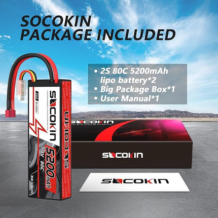 2S 5200mAh 80C 7.4V Lipo Battery with Hard Case T-Plug for RC Evader BX Car Buggy Boat Drones 1/10 Scale Racing Truck Racing Heli Airplane