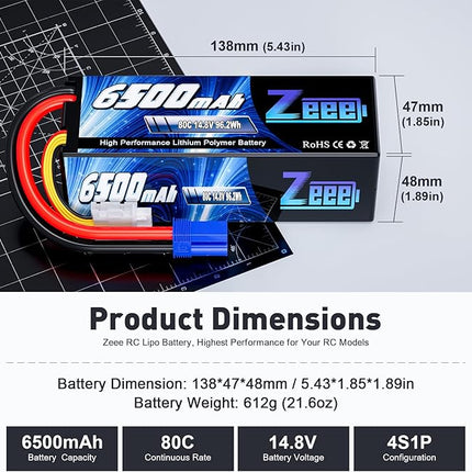 Zeee 4S Lipo Battery 14.8V 6500mAh 80C Hard Case with EC5 Connector Compatible with RC 1/8 1/10 Scale Vehicles Car Trucks Boats Tank Truck RC Car