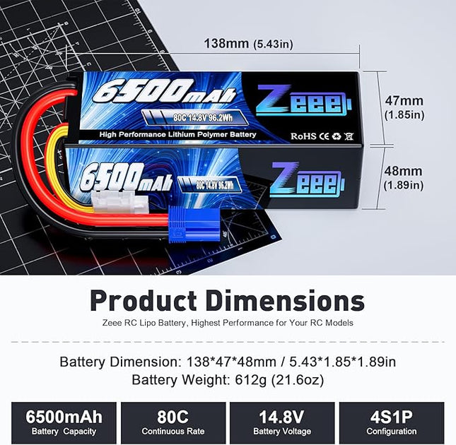 Zeee 4S Lipo Battery 14.8V 6500mAh 80C Hard Case with EC5 Connector Compatible with RC 1/8 1/10 Scale Vehicles Car Trucks Boats Tank Truck RC Car