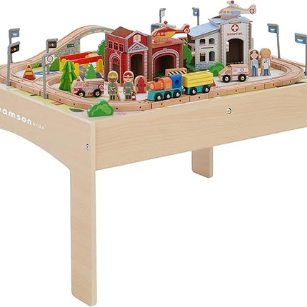 Teamson Kids Train Table Set with 85 Pieces, Preschool Play Lab Activity Table with Wooden Trains, Cars, Railroad, Town Scenery, & More for Kids & Toddlers, Wood Color