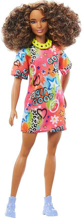 Barbie Fashionistas Doll #201, Athletic Body with Curly Brunette Hair, Graffiti-Print Dress & Accessories Including Boots & Chain Necklace