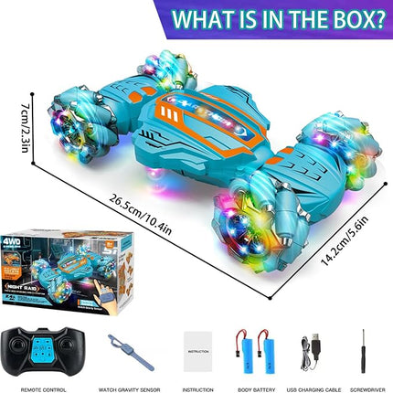 Gesture Sensing RC Stunt Car-Best Gifts for Boys 6-12 Years Old,2.4GHz 4WD Remote Control Twist Car with 360° Rotation, Music & Cool Lights,Off-Road Vehicle with Dual Batteries (Blue)
