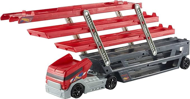 Hot Wheels Toy Truck Track Set, HW Mega Hauler Playset, Stores 50+ Vehicles, Expands to 6 Levels, Connects to Tracks