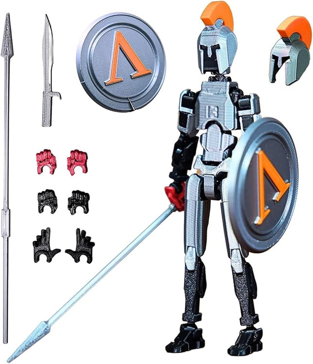 T13 Action Figure (Dummy 13 / Titan 13 / Spartan Warrior) - 3D Printed Poseable Robot Set with Accessories for Stop Motion Animation | Kids Gift
