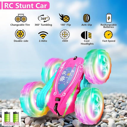 FREE TO FLY Remote Control Car for Girls : Pink RC Car Double Sided 360°Flip Stunt Cars with Headlights & WheelLights Rechargeable Toy Car Birthday Gifts for Girl Kids Age 6 7 8 9 10 11 12 Year Old