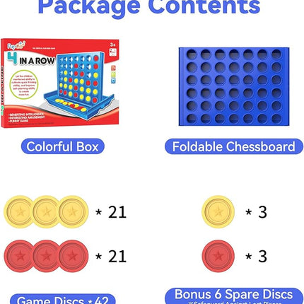 Standard Size 4 in a Row Board Games for Kids Ages 3 for Boys Girls Teens, Classic Family Game Educational Toy, Portable 2-Player Strategy Games, 6 Spare Discs Included