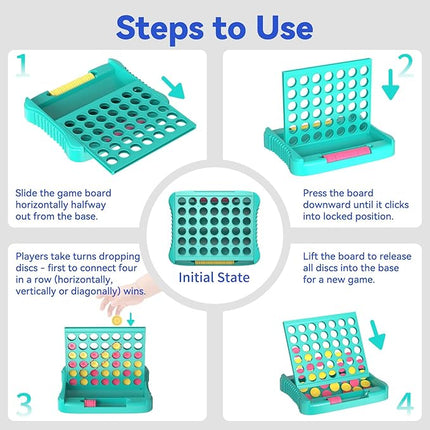 4 in a Row Game, Classic Family Board Game for Kids & Adults, Perfect Educational Toy for Boys Girls Ages 3-8, Portable 2-Player Strategy Games for Travel, Foldable with 6 Spare Discs Green