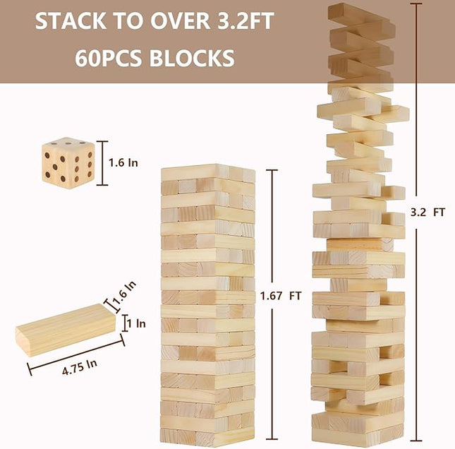 Aivalas Medium Tumble Tower 60PCS Wooden Block Stacking Yard Games with Carrying Bag Indoor & Outdoor Game for Kids and Adults Party Games for Backyard Lawn Beach Camping (Over 3.2 Ft)