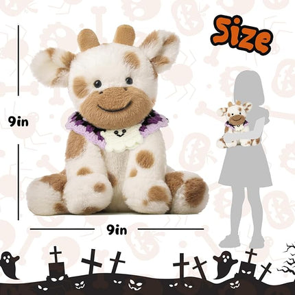 Hopearl Adorable Halloween Plush Cow Toy with Knitted Cute Ghost Bib Floppy Dairy Cattle Soft Stuffed Animal Gifts for Boys Girls Kids Toddlers, Light Brown, 9''