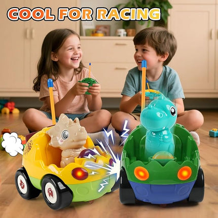 2-Pack Remote Control Dinosaur Toy Car for Kids - Birthday Gifts for Boys Toddlers Ages 18+ Months, 2 3 4 5 Year Old, Dino RC Vehicle with Lights and Music